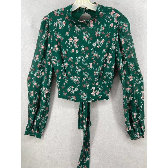 Reformation Shirt Sz 12 Raye Emilia Green Floral Long Sleeve Open Back Crop - Picture 2 of 14
